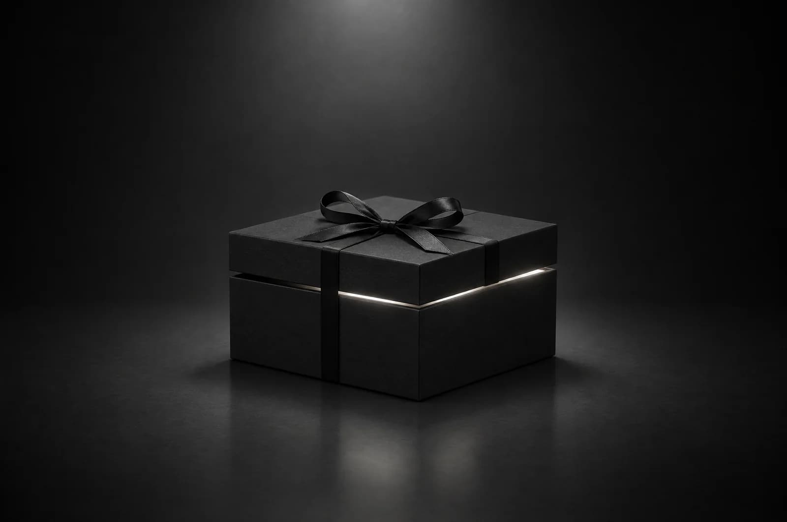 Studio photo: a closed black gift box with a ribbon, a thread of light escaping from the lid