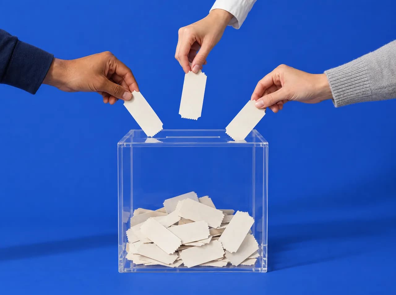 Ilustración: tres manos echan boletos de sorteo en una urna transparente