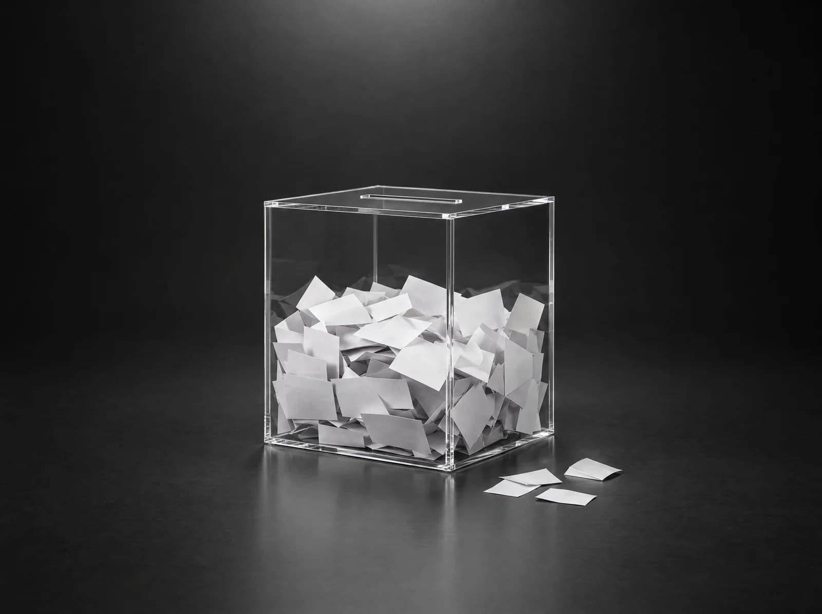 Studio photo: a clear acrylic ballot box full of white tickets