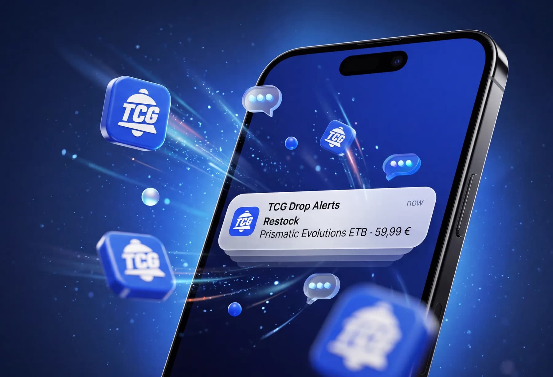 Móvil inclinado con una notificación de TCG Drop Alerts: restock de Prismatic Evolutions ETB a 59,99 €, rodeado de iconos 3D de la app con una campana y estelas de luz azul.