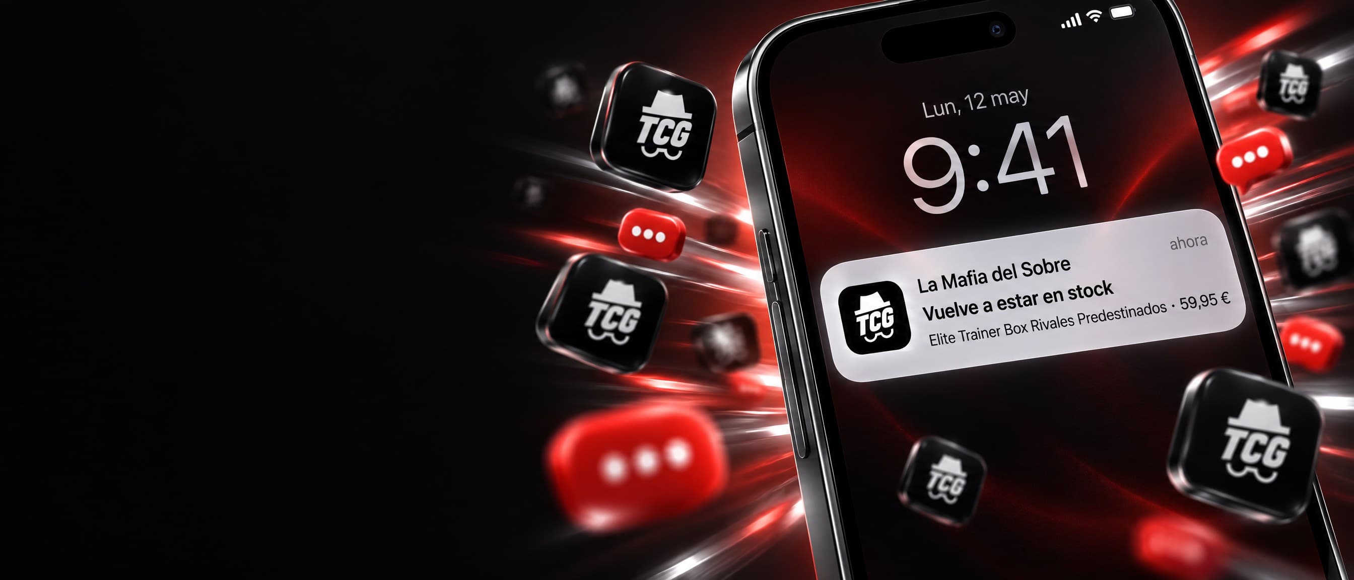 A phone with a La Mafia del Sobre notification bursting out of its screen, surrounded by the app's icons and red light streaks