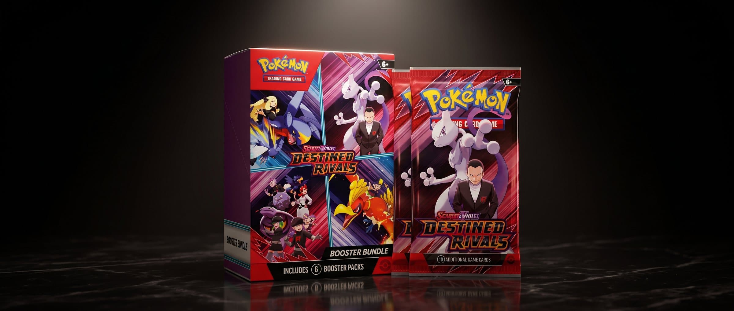 Destined Rivals Booster Bundle and booster packs under a studio spotlight